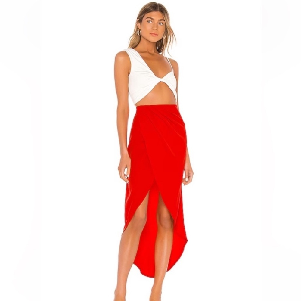 Superdown Arielle Red Asymmetrical Wrap Midi Skirt